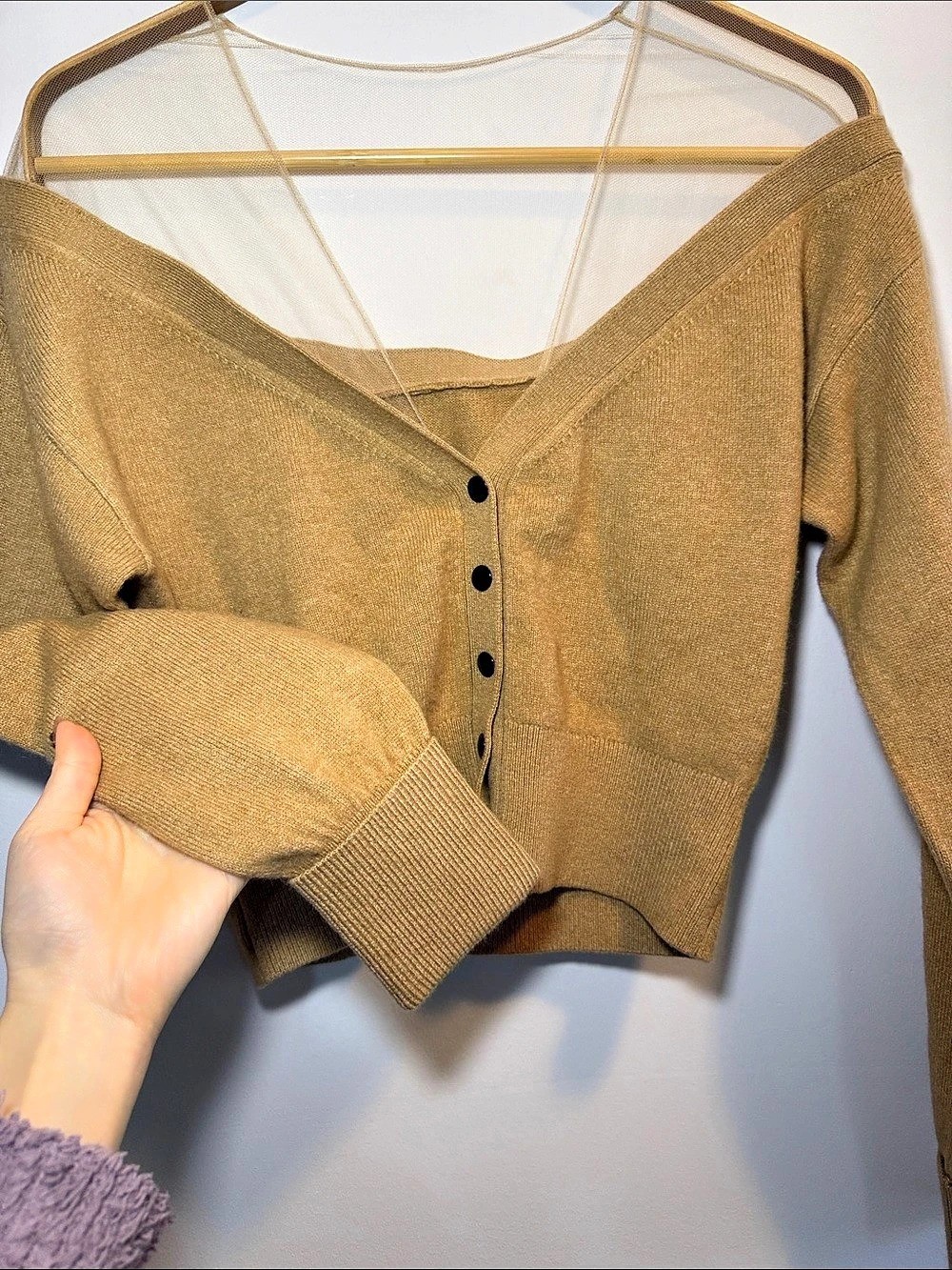 AW inspired Brown Mesh Cashmere blend Button-Front Crop Cardigan - photo 2