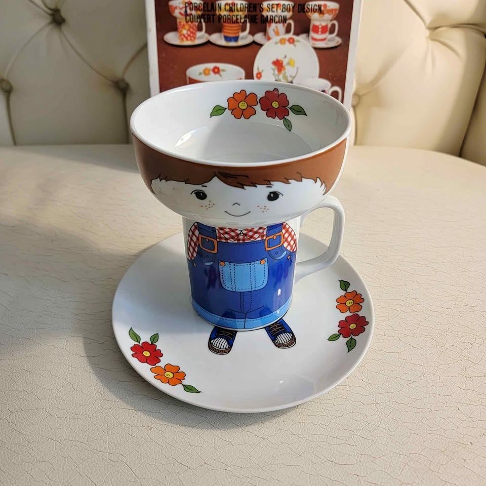 Vintage 3 Piece Porcelain Children's Set - Boy Design - Mug