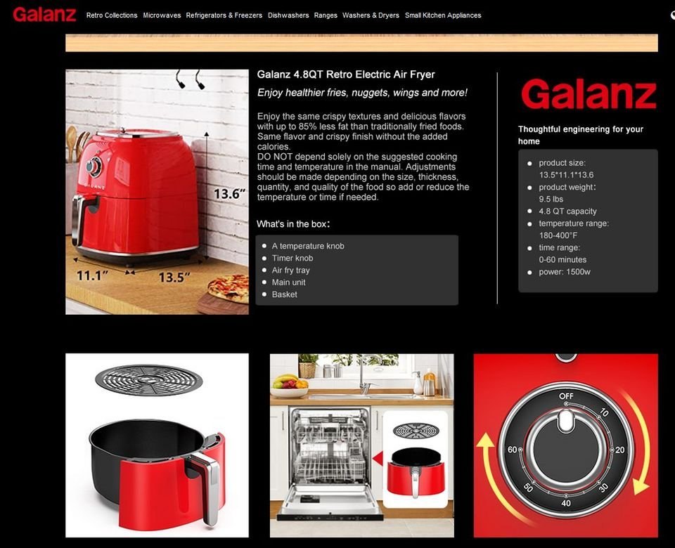 Air Fryer by Galanz, Non-Stick Basket, 4.8Qt, 1500W