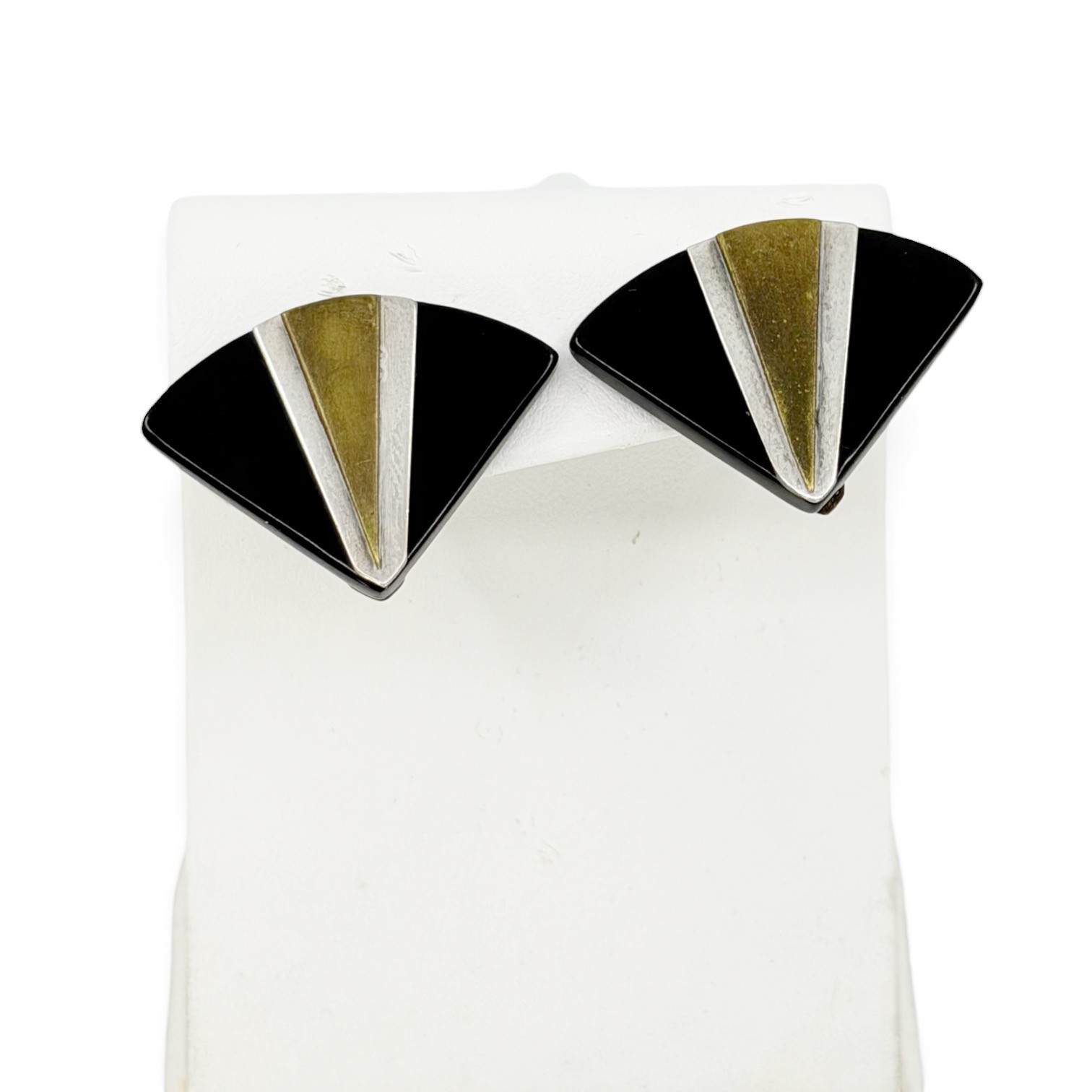 Vintage Sterling silver & brass black lucite clip on earrings - photo 2