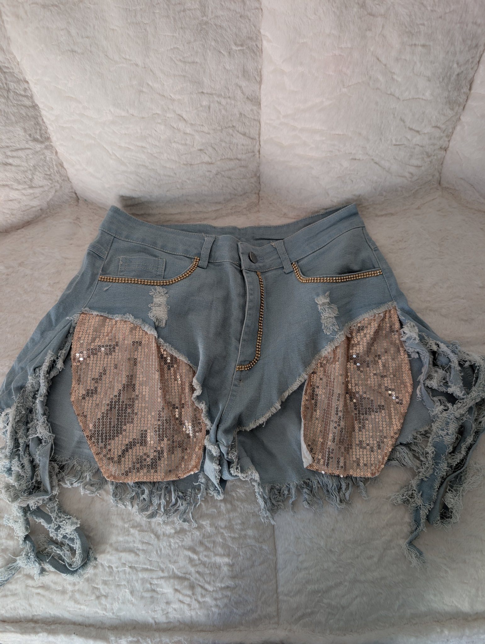 Denim Shorts with Gold Sequin Panels