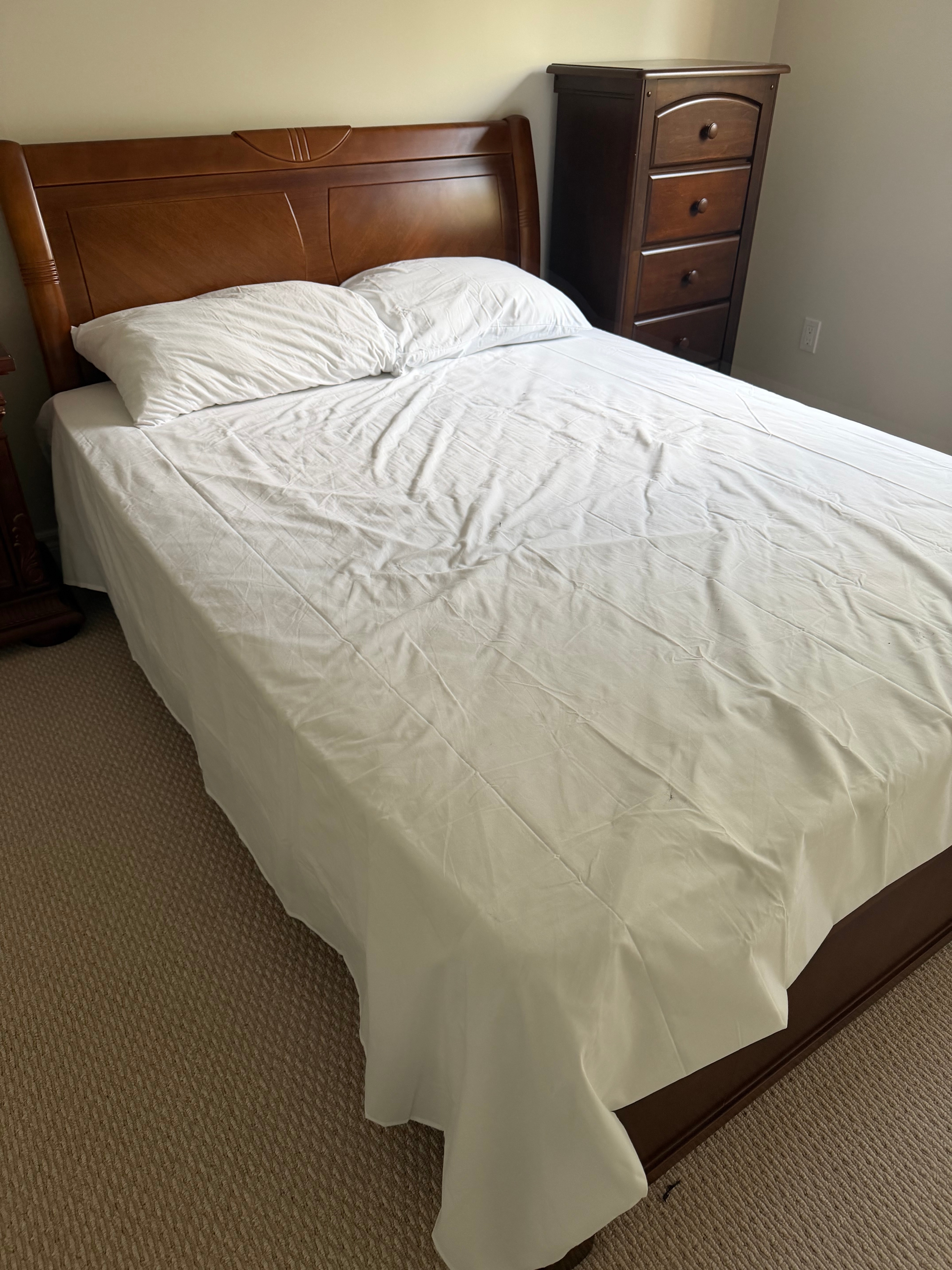 Queen Wood Sleigh Bed + Spring Mattress