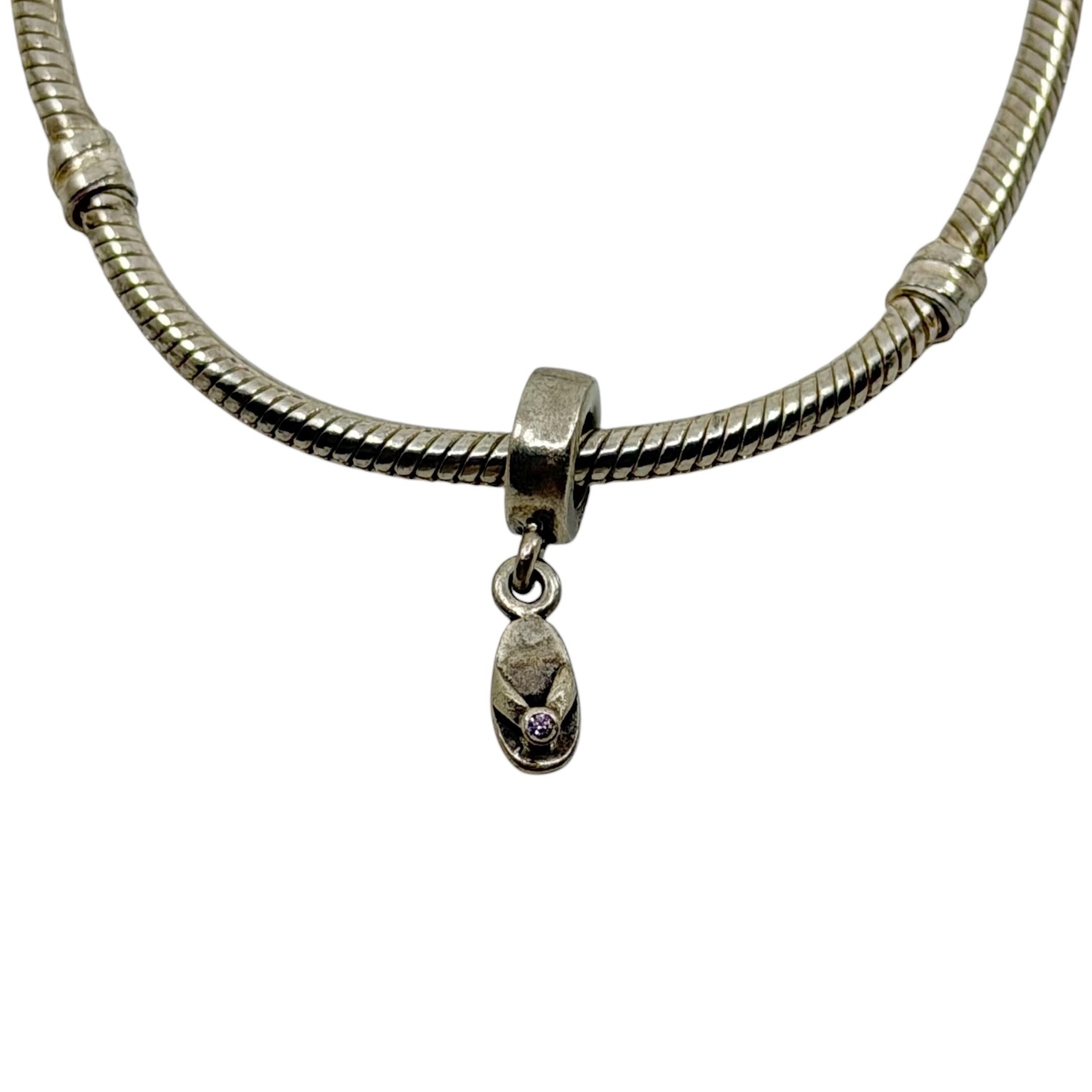 PANDORA sterling silver Flip Flop With Amethyst CZ bead Charm
