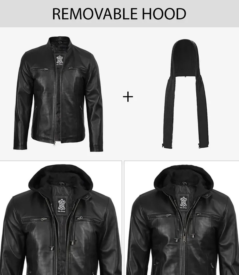Men’s Black Genuine Leather Jacket w/ Removable Hood – Size L - photo 3