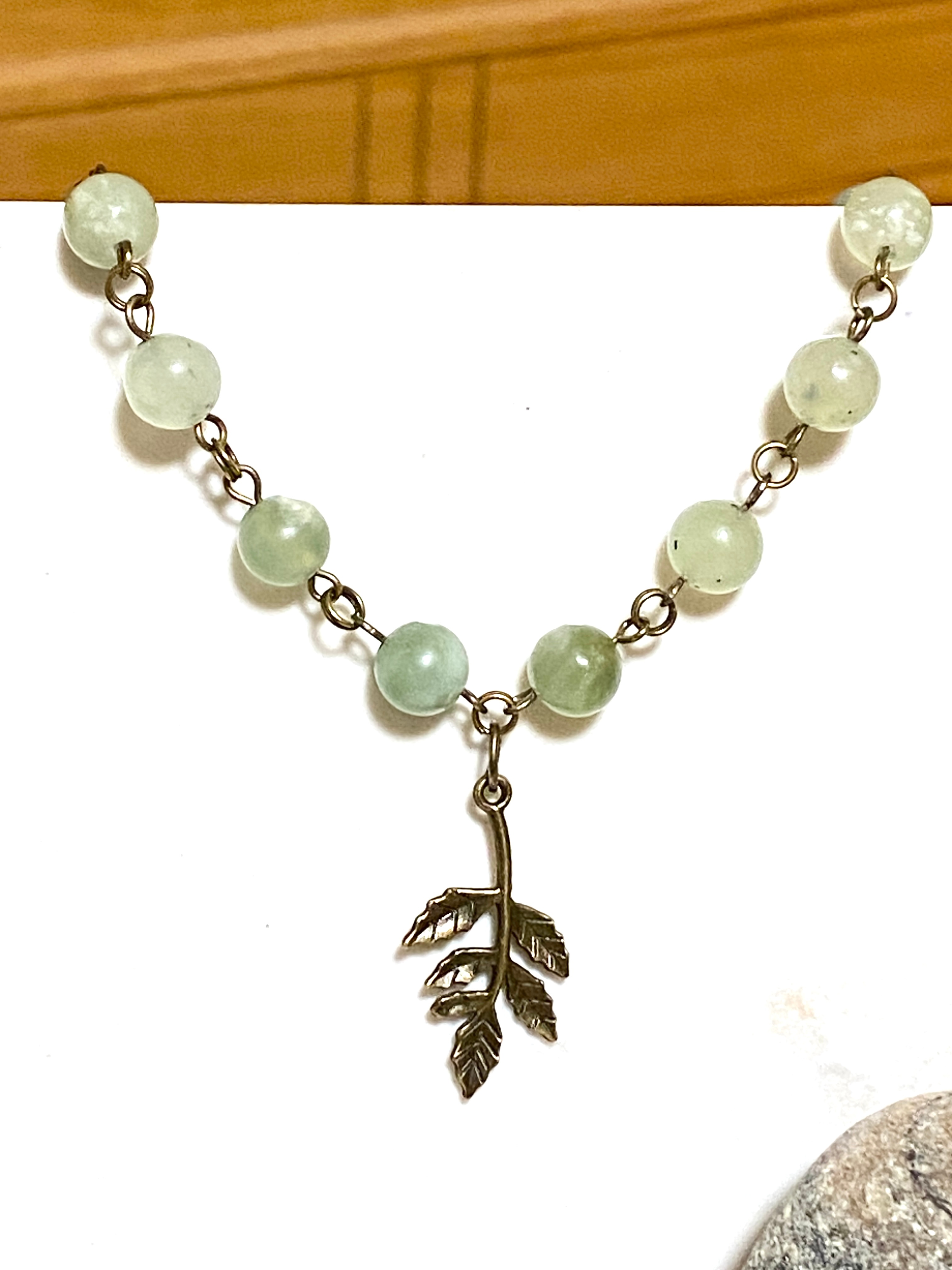 Mint Green Serpentine Short Necklace, Bronze Leaf Branch Pendant - photo 3
