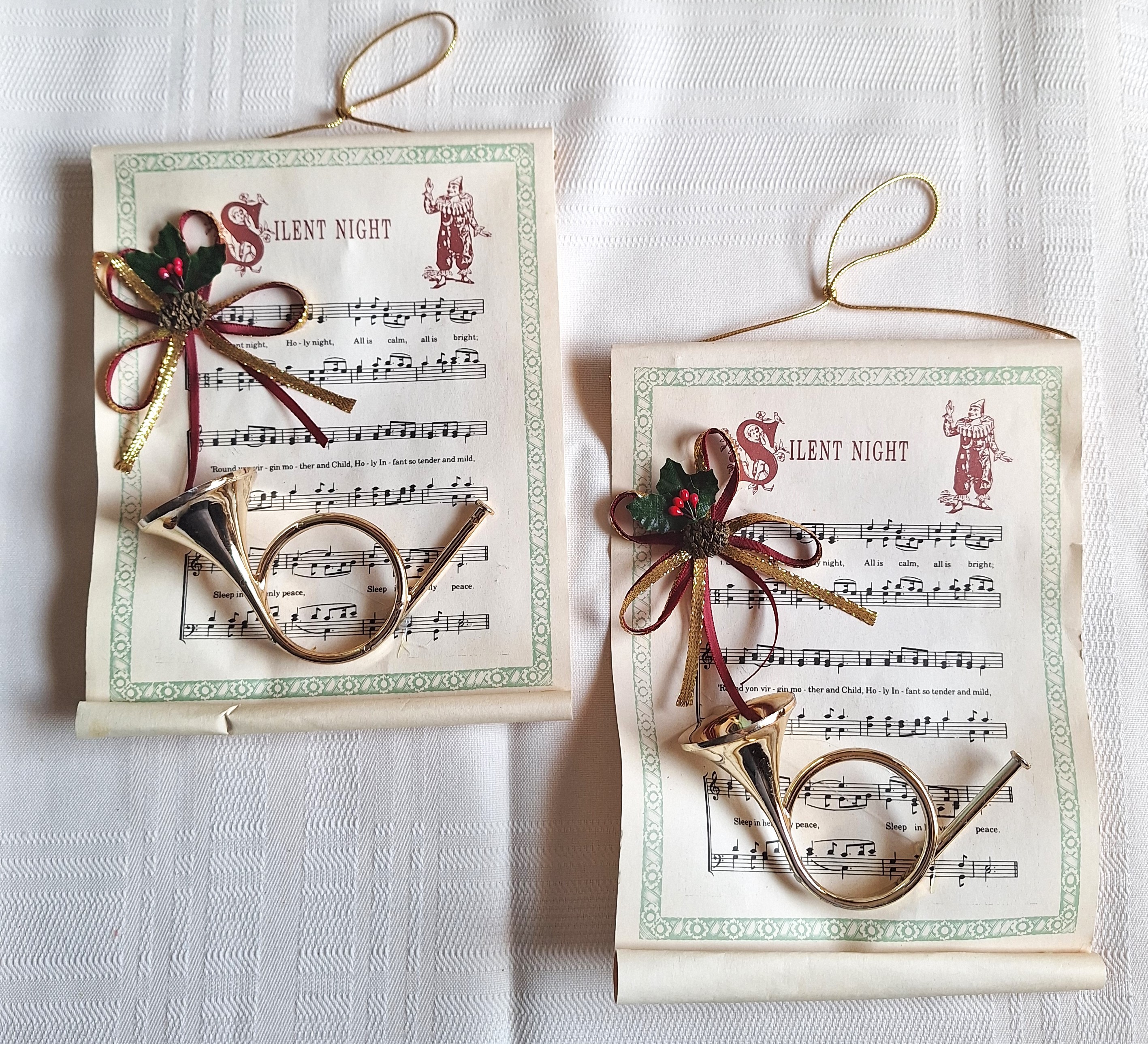 Lot of 2 Vtg 1970's Musical Scroll Xmas Ornaments Silent Night