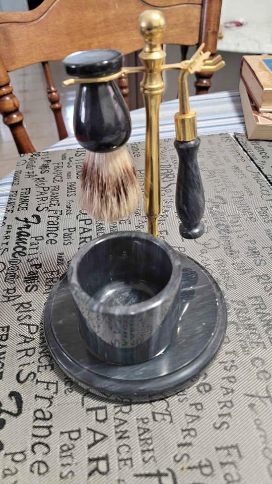 Vintage 90s marble shaving stand, brush, no blades