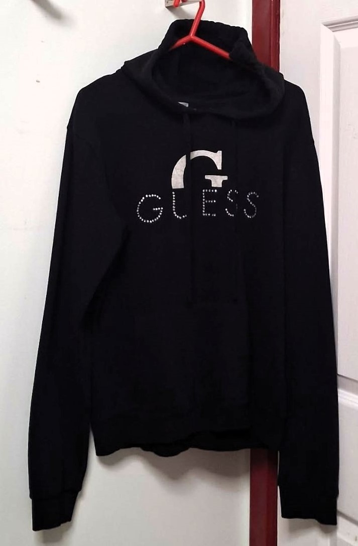 GUESS Black Hoodie Silver Foil G Rhinestone Logo Excellent Shape