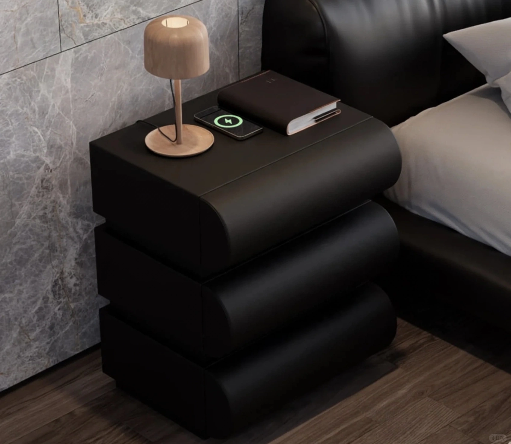 Black Nightstand with Light & Charging Port