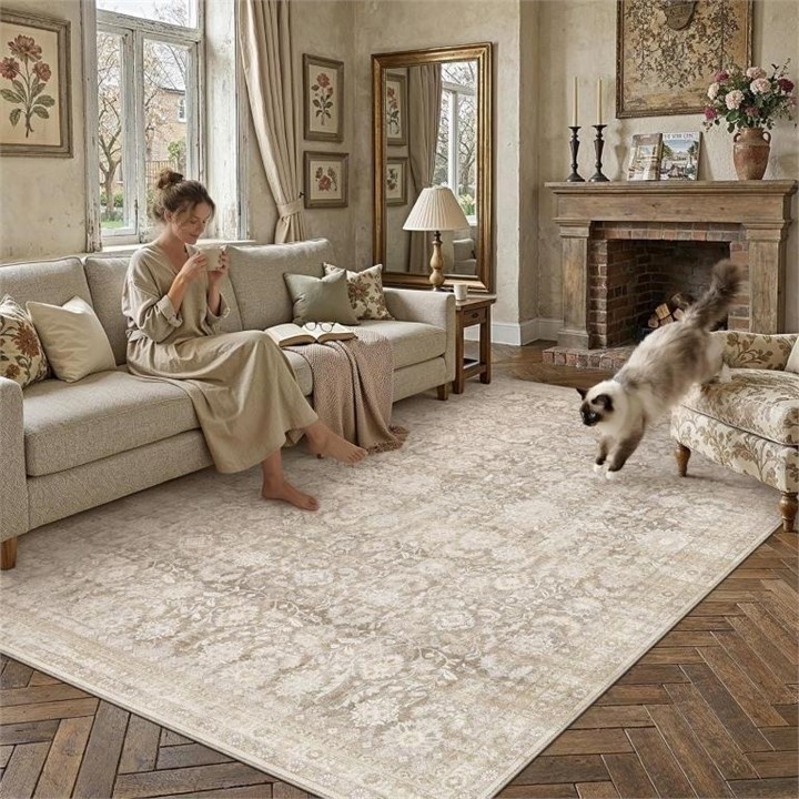 New - 6x9 Washable Area Rug / Carpet - Beige Vintage Floral