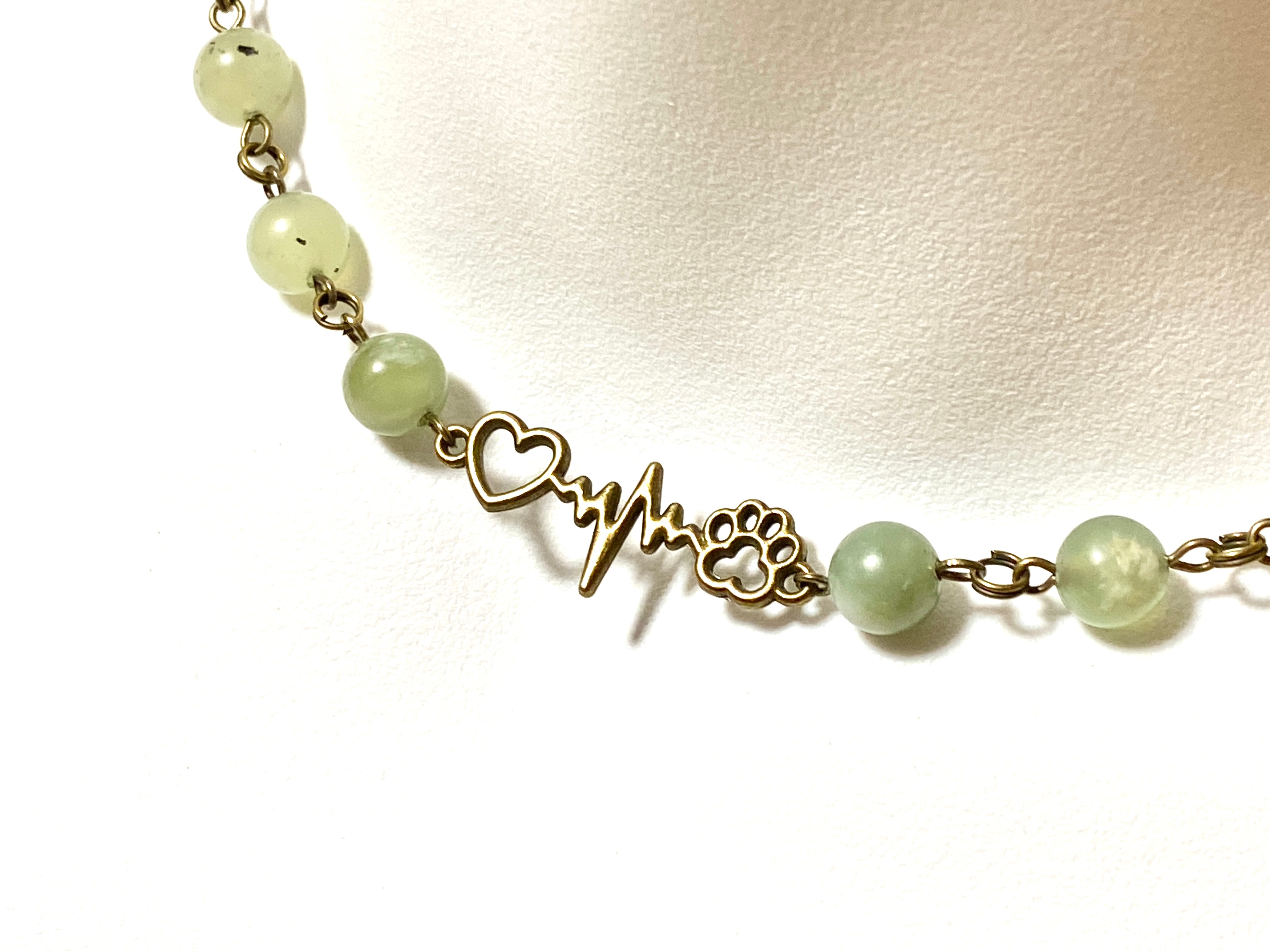 Mint Green Serpentine Necklace, Bronze Paw Print Heart Beat