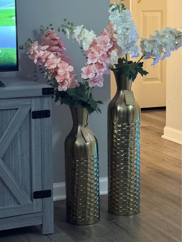 Set of 2 Brass Vases with Flowers 26 inch and 20 inch