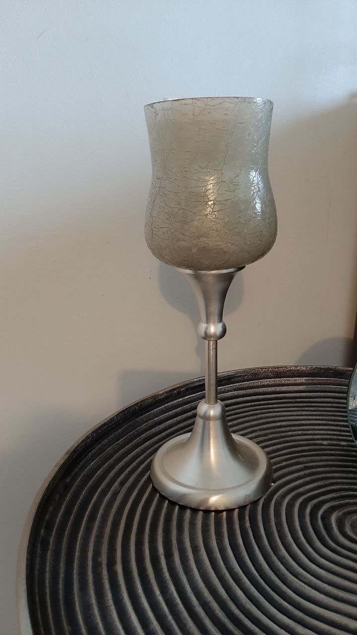 Silver Pedestal Candle Holder with Crackle Glass Shade
