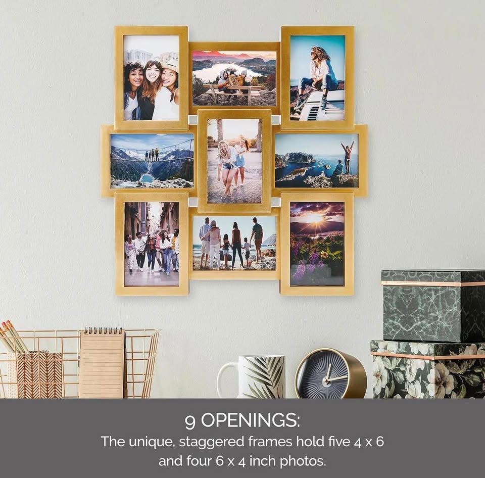 9-Opening Gold Photo Collage Frame – Holds 4x6 and 6x4 Photos - photo 3