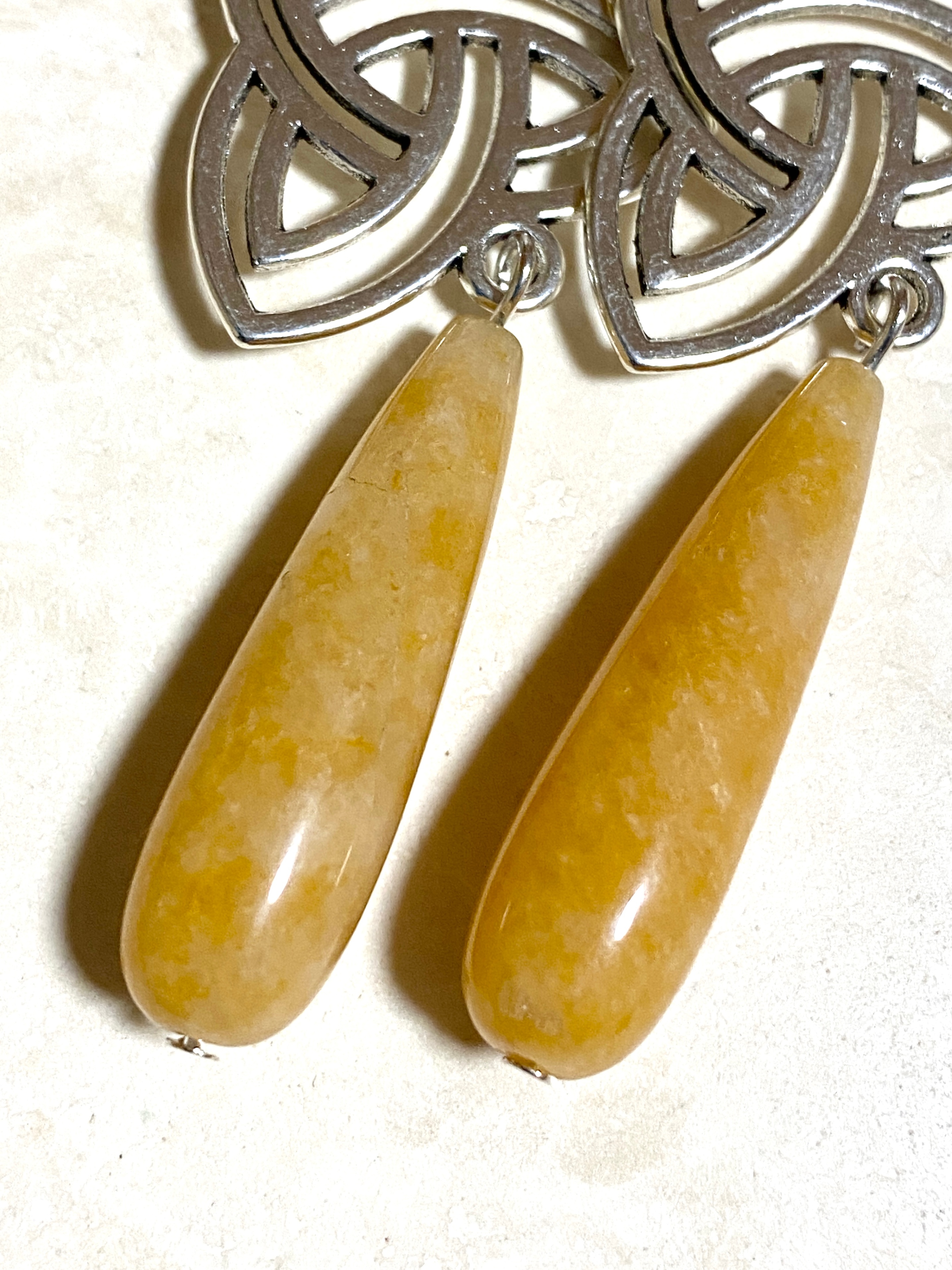 Yellow Orange Aventurine Triqueta Earrings, 925 Silver Hooks - photo 3