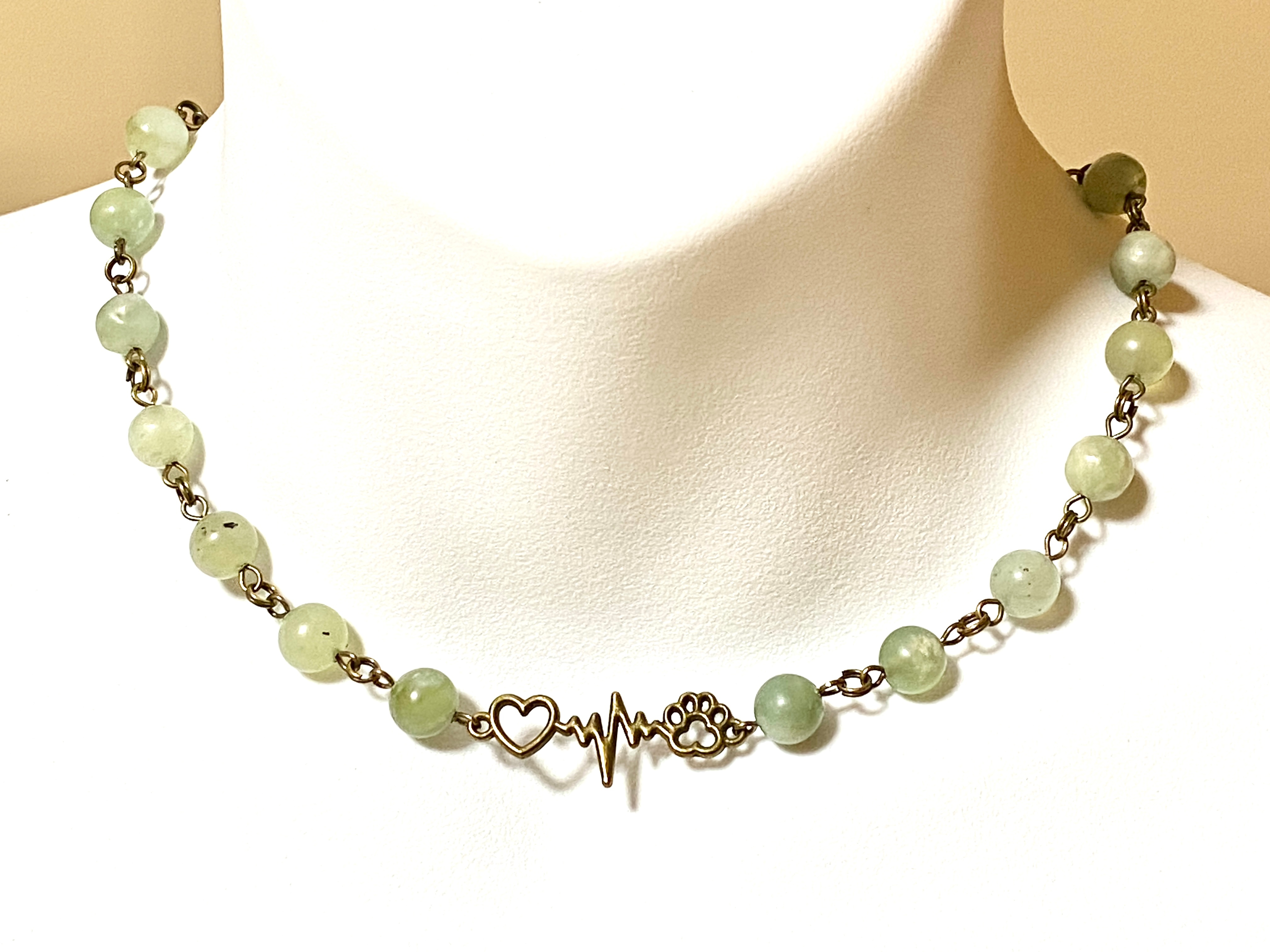Mint Green Serpentine Necklace, Bronze Paw Print Heart Beat - photo 2