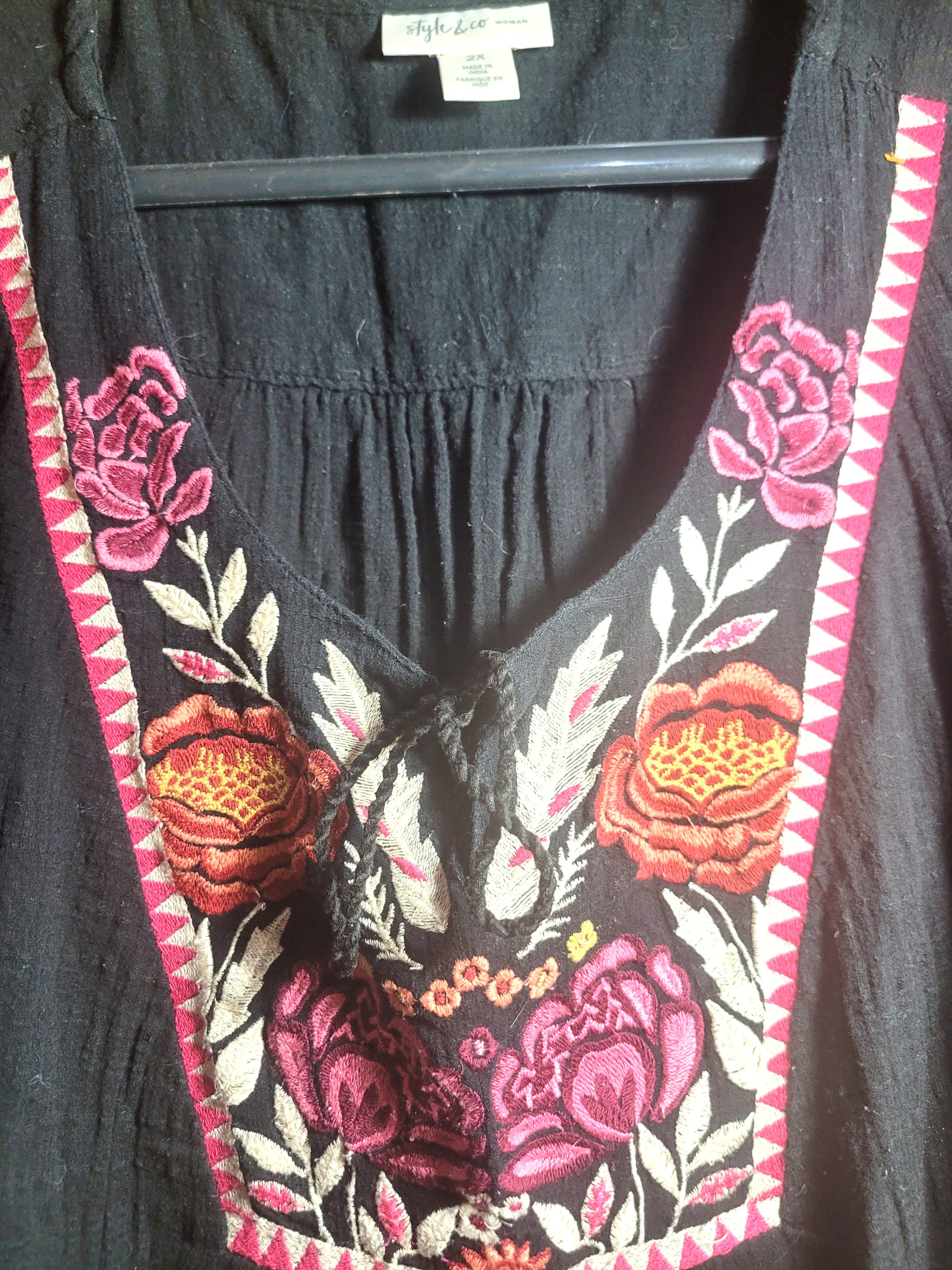 Style & Co Embroidered Floral Boho Black Size 2X Flutter Sleeve - photo 3
