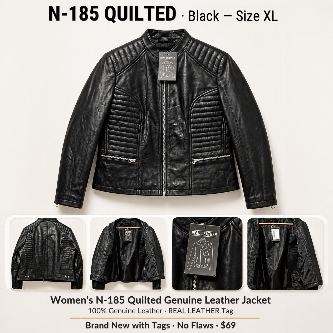 JKT-034 — Women's quilted leather jacket — brand new, size XL