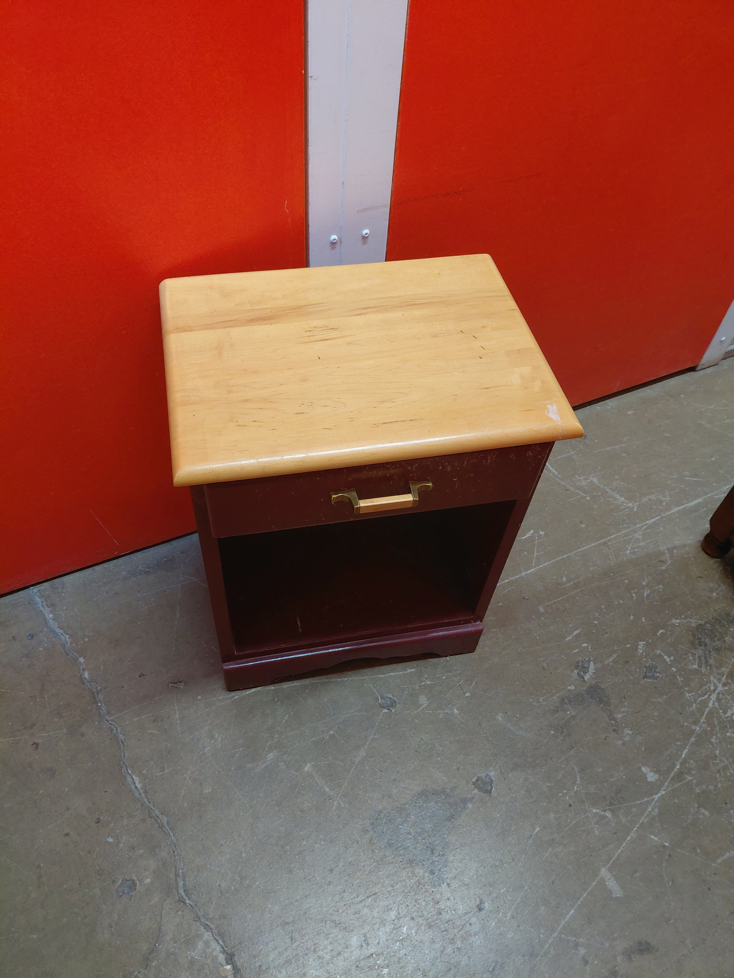 Hardwood Bedside Table with Drawer – Red, Lightly Used
