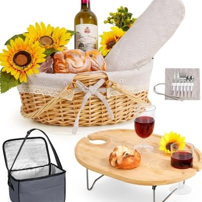 Wicker Picnic Basket Set for 2 - Insulated with Blanket & Table