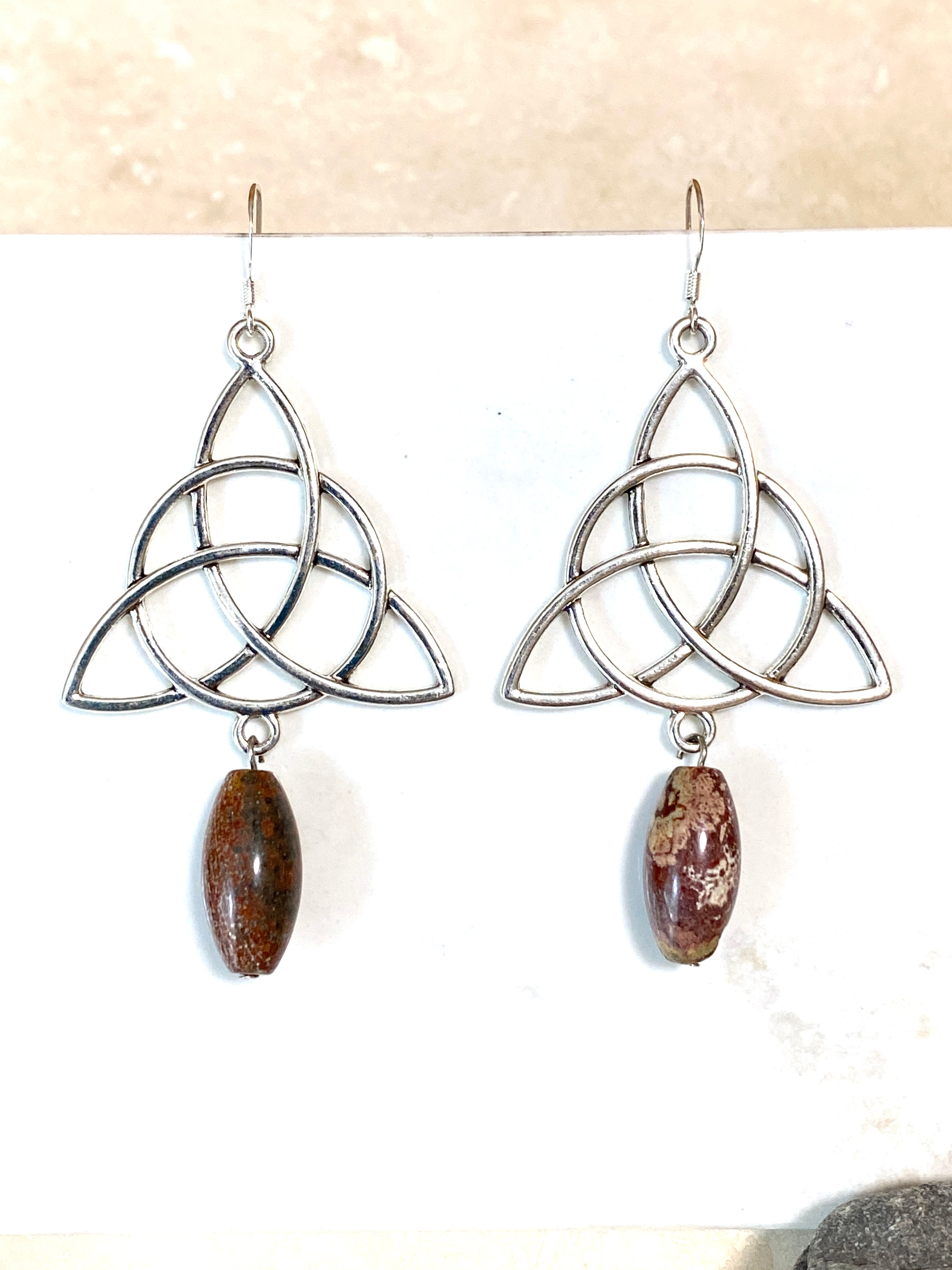 Earthy Convoluted Jasper Celtic Trinity Earrings, 925 Hooks - photo 2