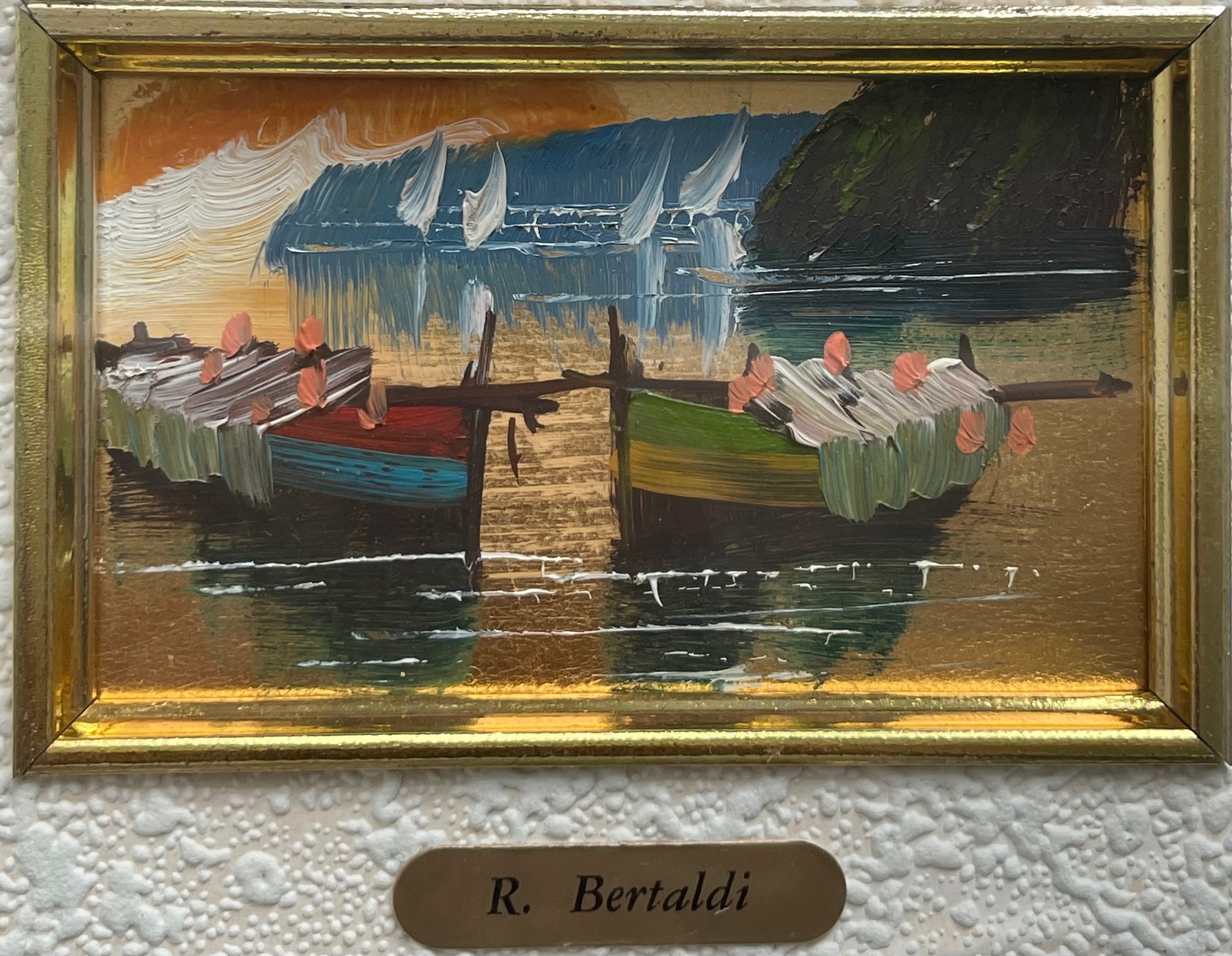 Vintage Italian Foil Oil Painting - R. Bertaldi Harbour Scene - photo 2
