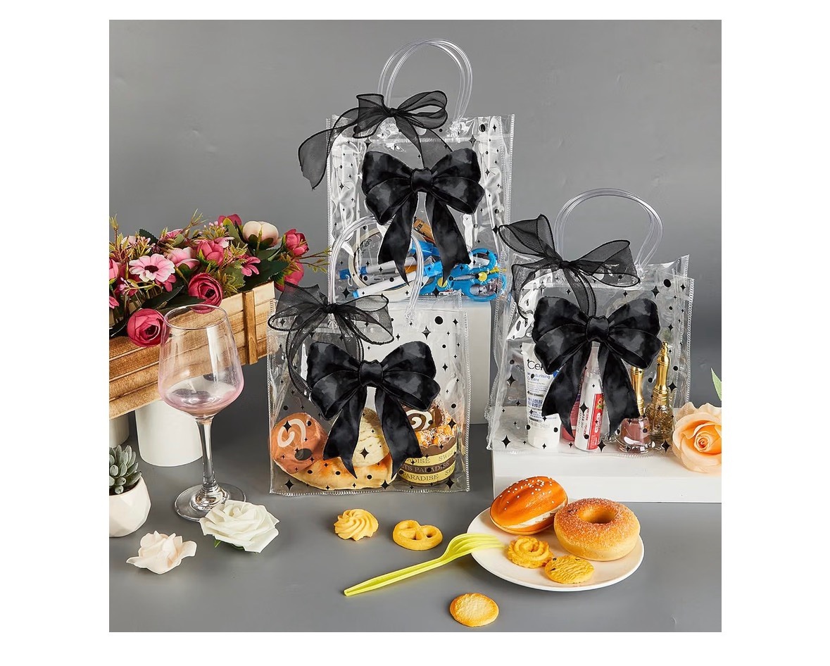 Clear PVC Gift Bags Black Bow 23 Pc Tote Set + Ribbon