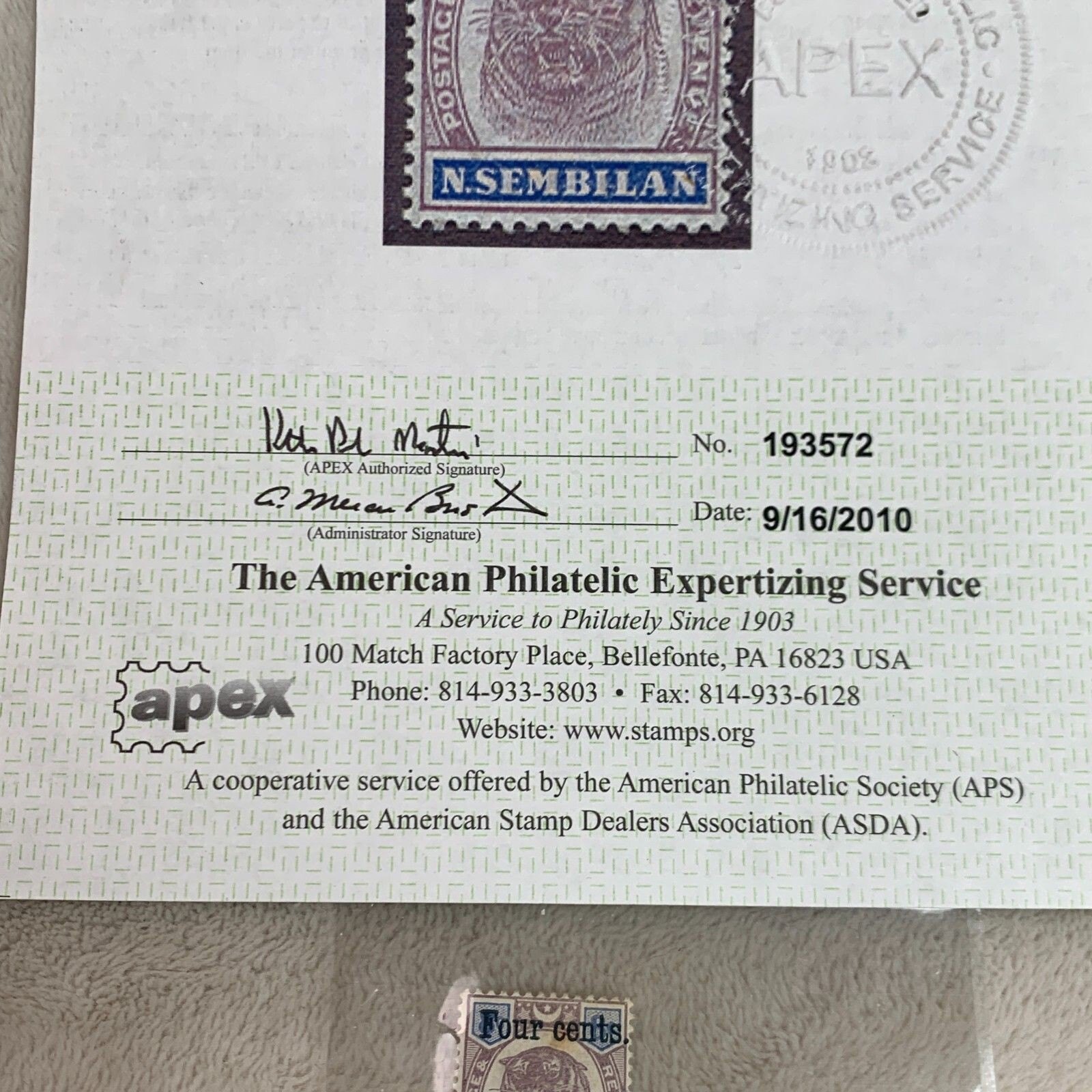 Malaya Negri Sembilan Scott #15 APS/APEX Certificate - photo 3