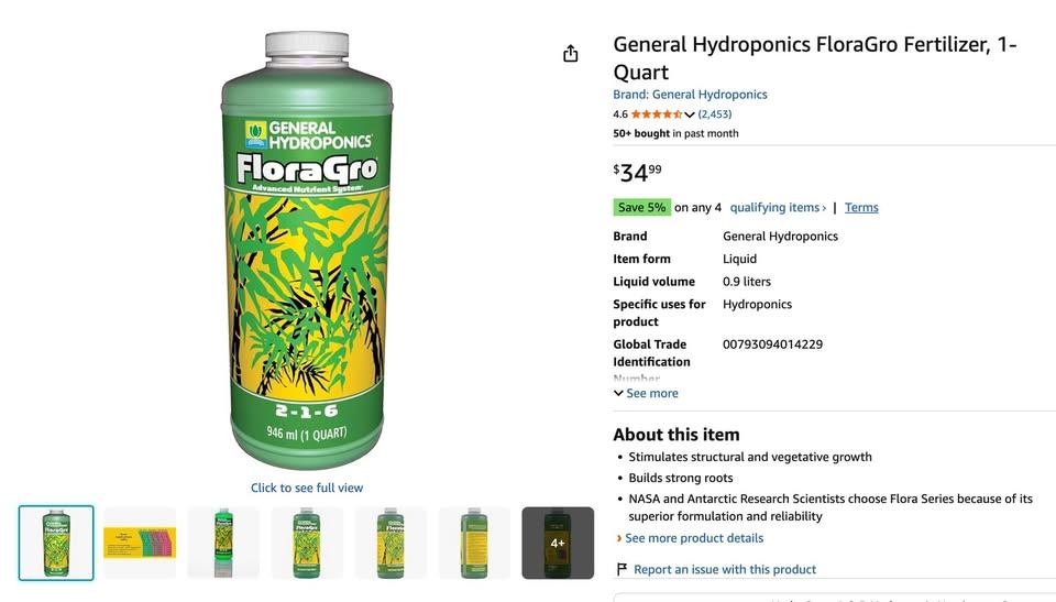 General Hydroponics FloraGro Fertilizer, 1-Quart (Sealed, New) - photo 3