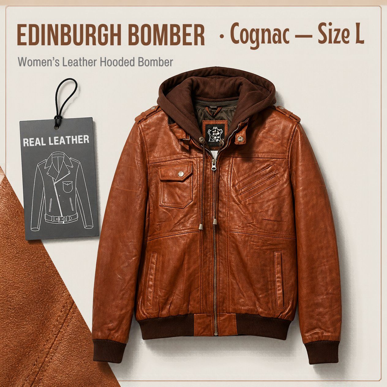 JKT-056 — Women's hooded leather jacket — brand new, size L