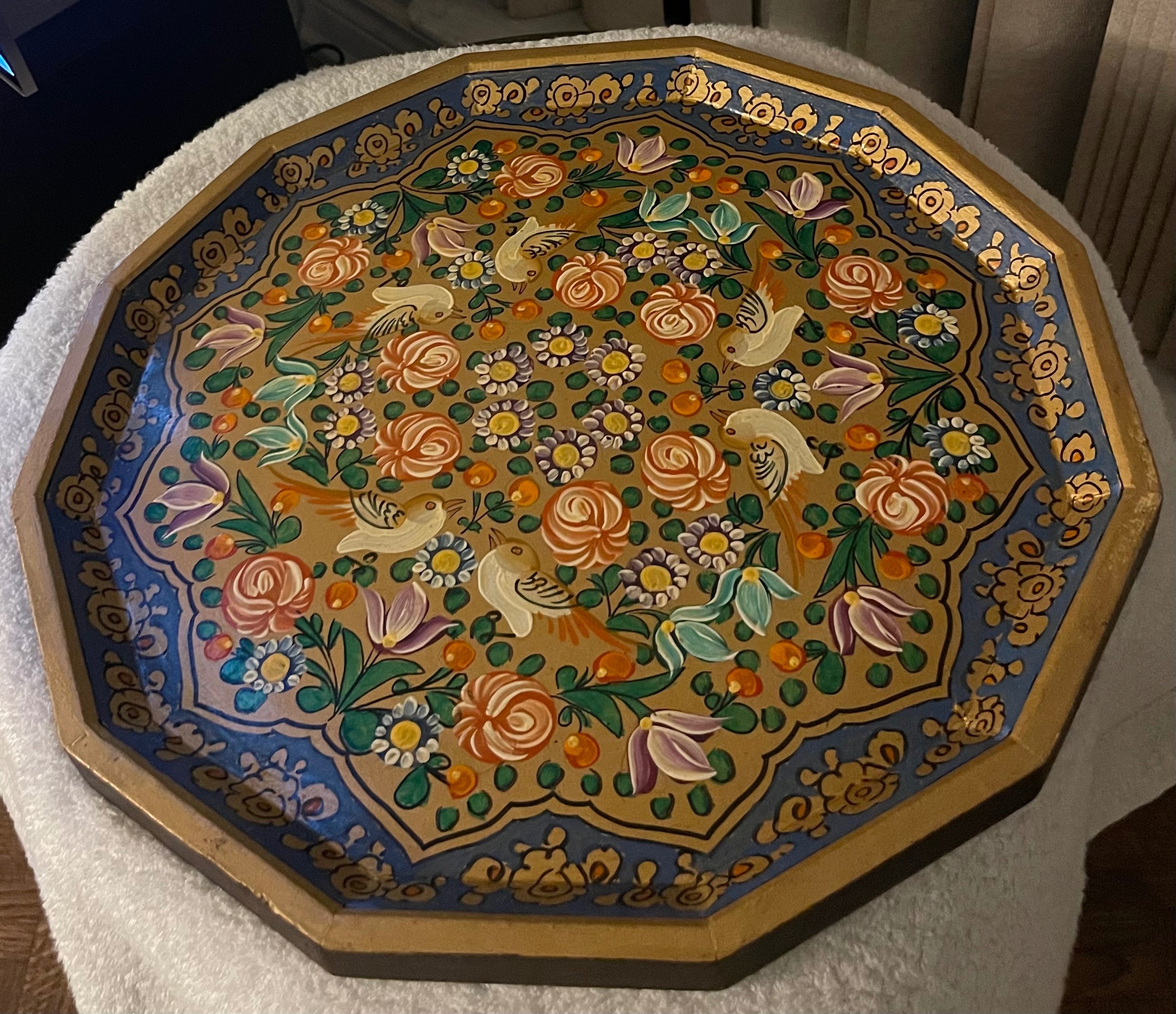 Vintage Kashmiri Hand Painted 10-Sided Wood Tray-Birds & Flowers - photo 2