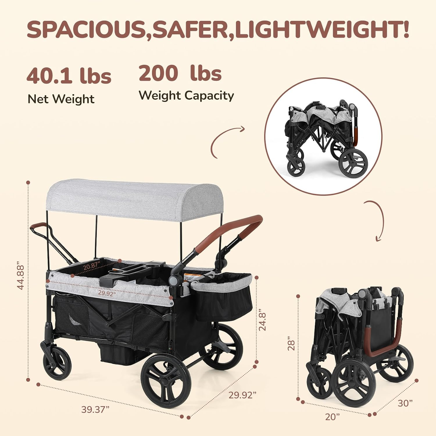 ELEMARA All Terrain Stroller Wagon for 2 Kids Foldable Grey - photo 2