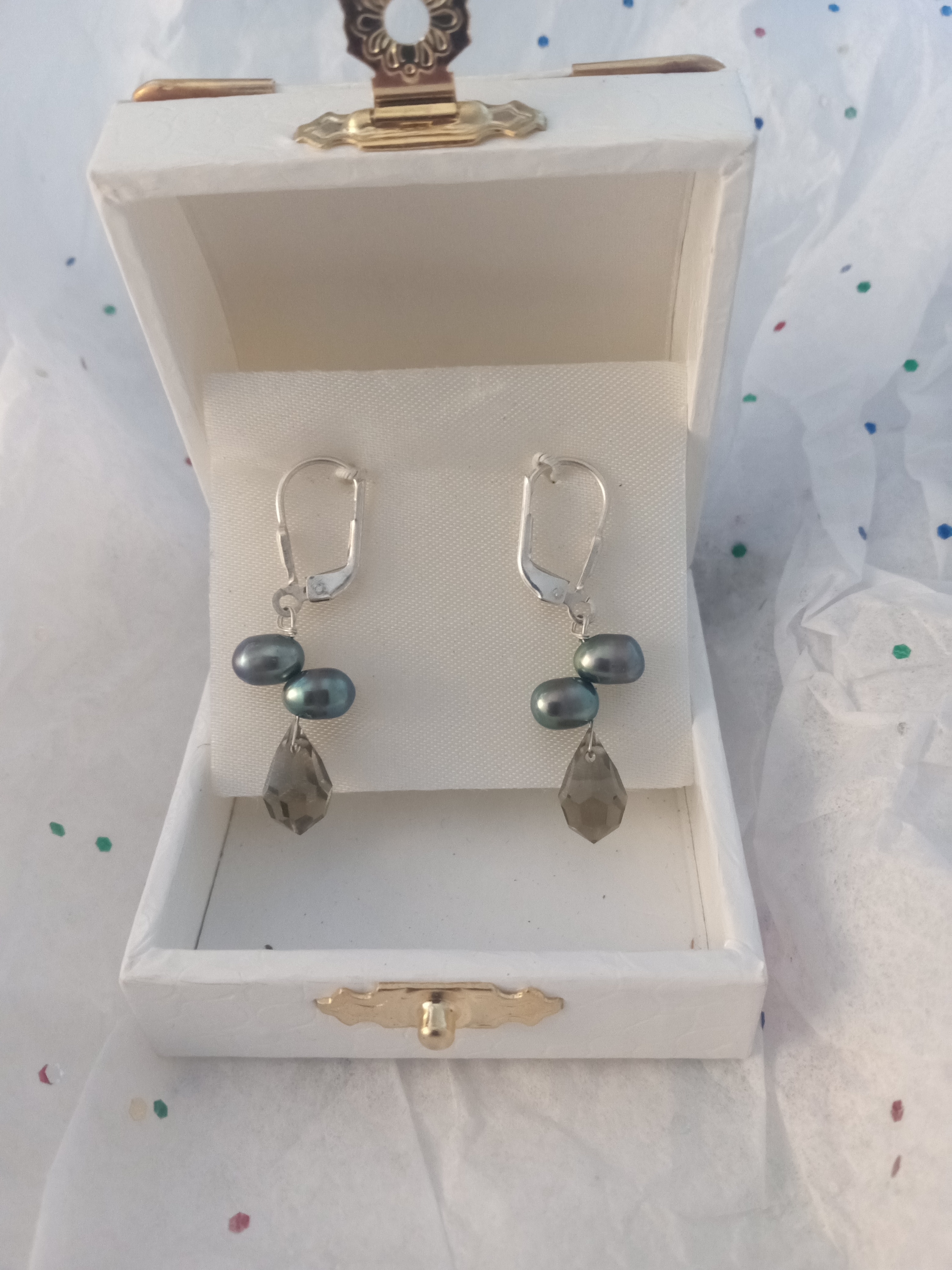 Genuine freshwater Blister Pearls, Smokey Quartz Dangle Earings