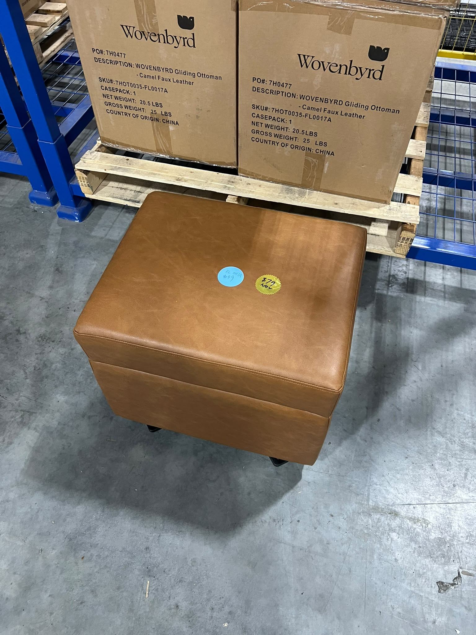 Gliding Ottoman $69 🛋️ Brand New – Camel Faux Leather