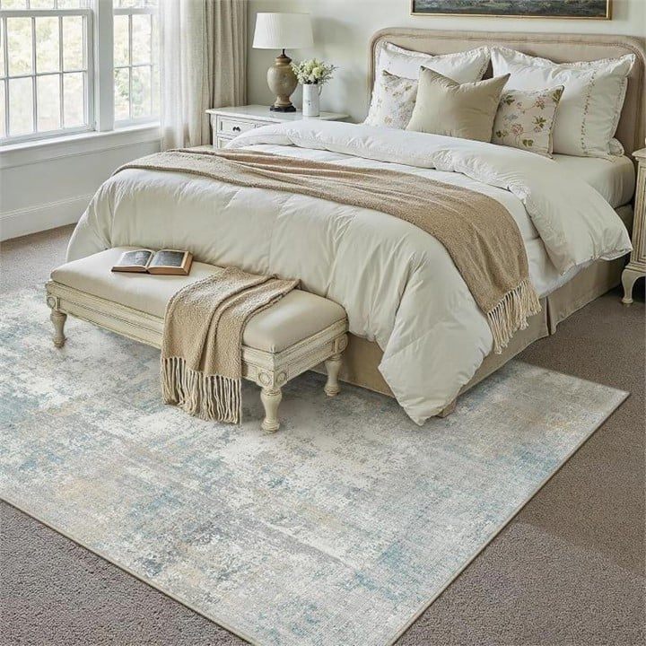 New - 8x10 Washable Area Rug / Carpet - Cream Blue - photo 2