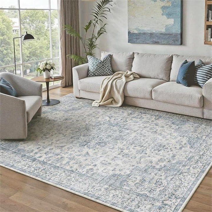 New - 5x7 Washable Area Rug / Carpet - Neutral Blue Vintage