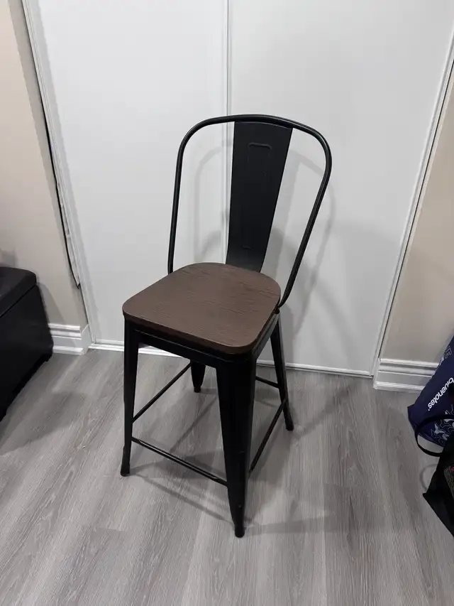 2 Industrial Metal Counter Stools | Dark Wood Seats