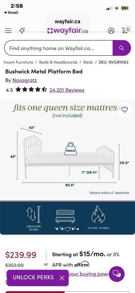 White Metal Queen Bed Frame + Mattress | No Box Spring Needed - photo 2