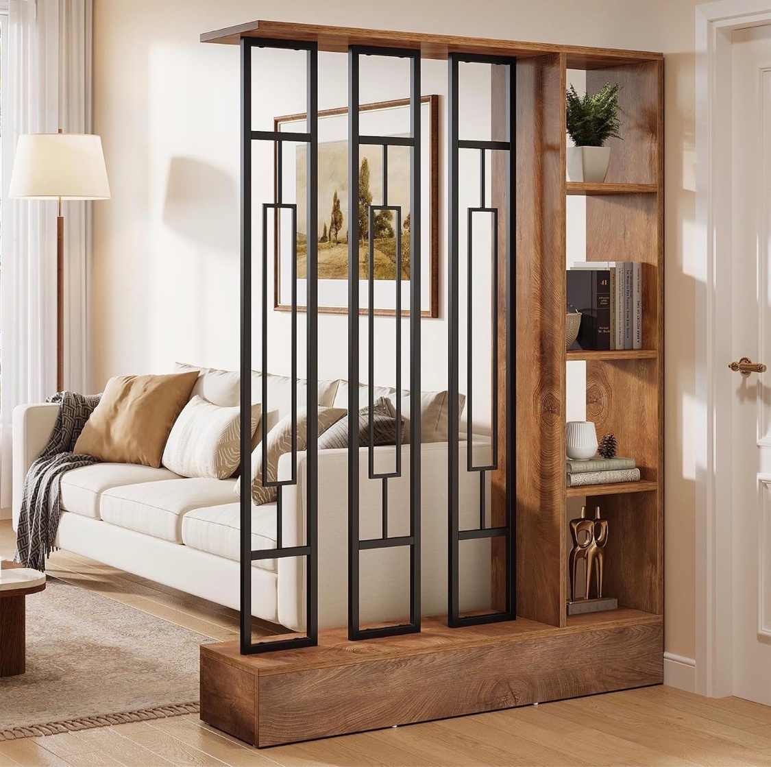 Room Divider with Shelves – Walnut & Black Metal – Brand New - photo 5