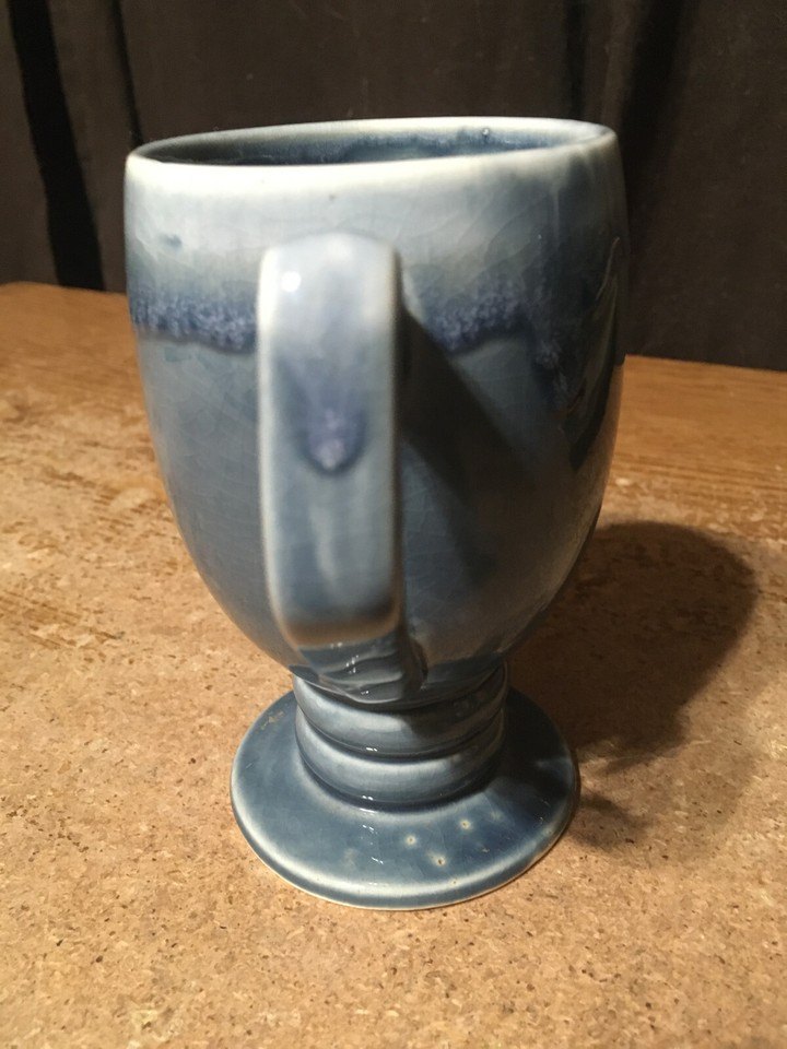 VINTAGE BLUE GLAZED POTTERY IRISH COFFEE PEDESTAL MUG - photo 4
