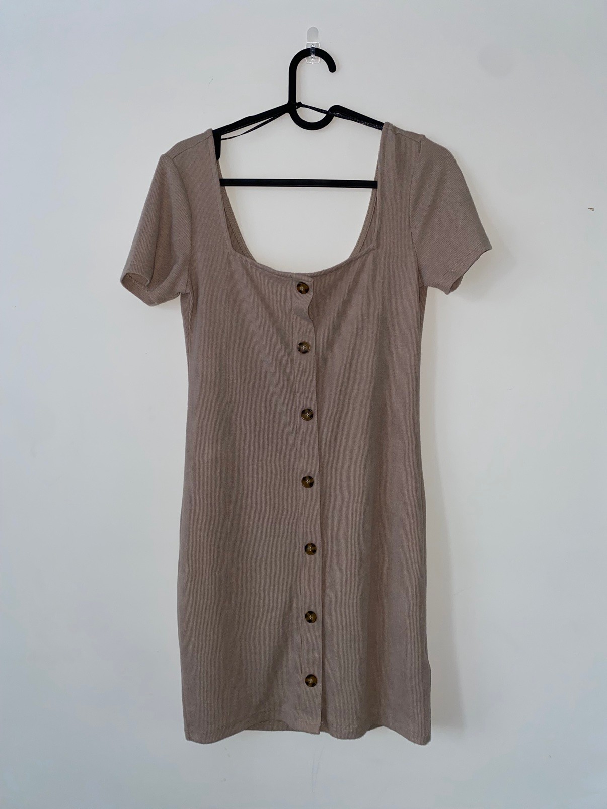 H&M Ribbed Button-Front Mini Dress — Taupe, Size S - photo 3