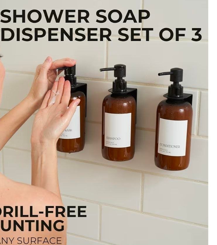 Shower Soap Dispenser Set of 3 – Wall Mount, Drill-Free