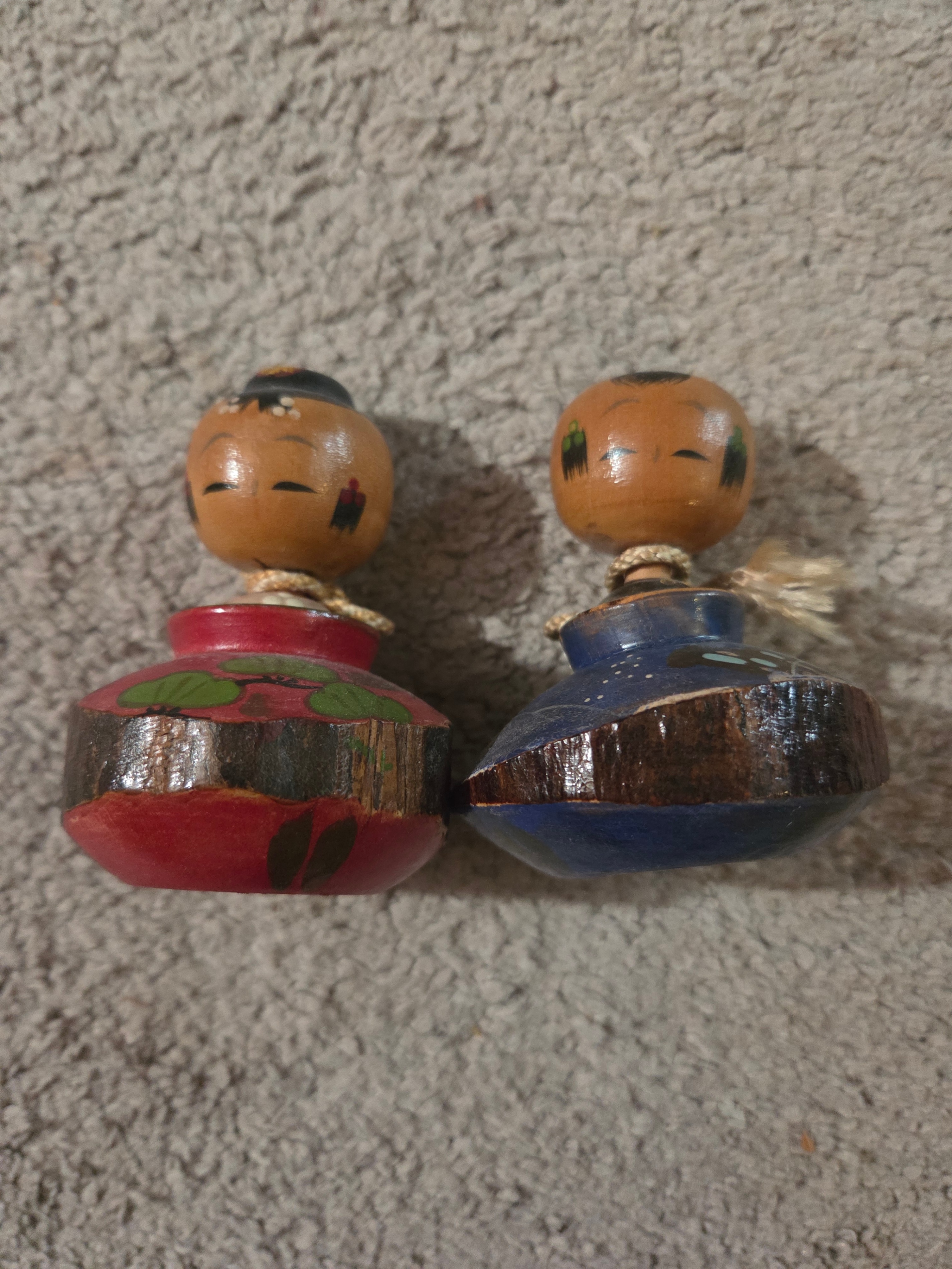 Vintage Japanese Mini Kokeshi Doll Pair, Hanging Ornaments 3.25"