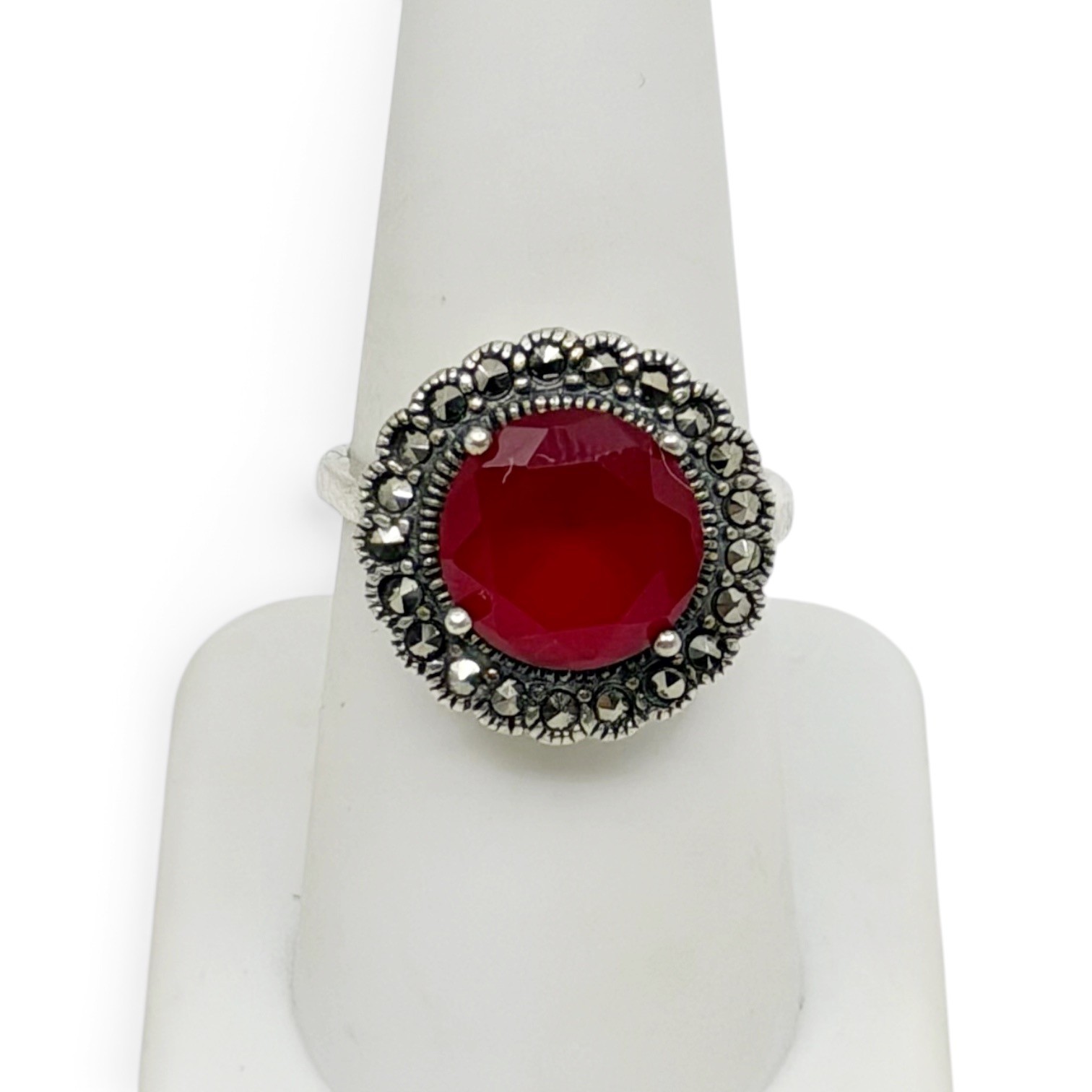 Vintage sterling silver synthetic ruby & marcasite ring