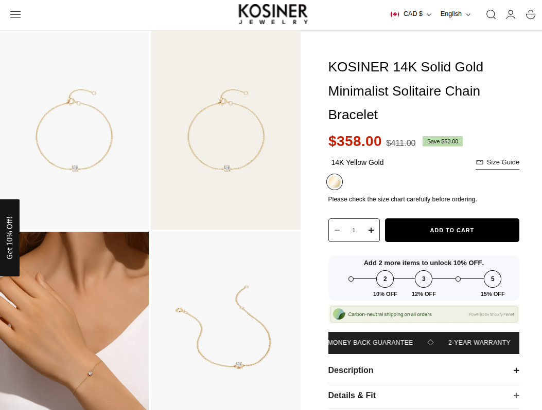 KOSINER 14K Solid Gold Minimalist Solitaire Chain Bracelet