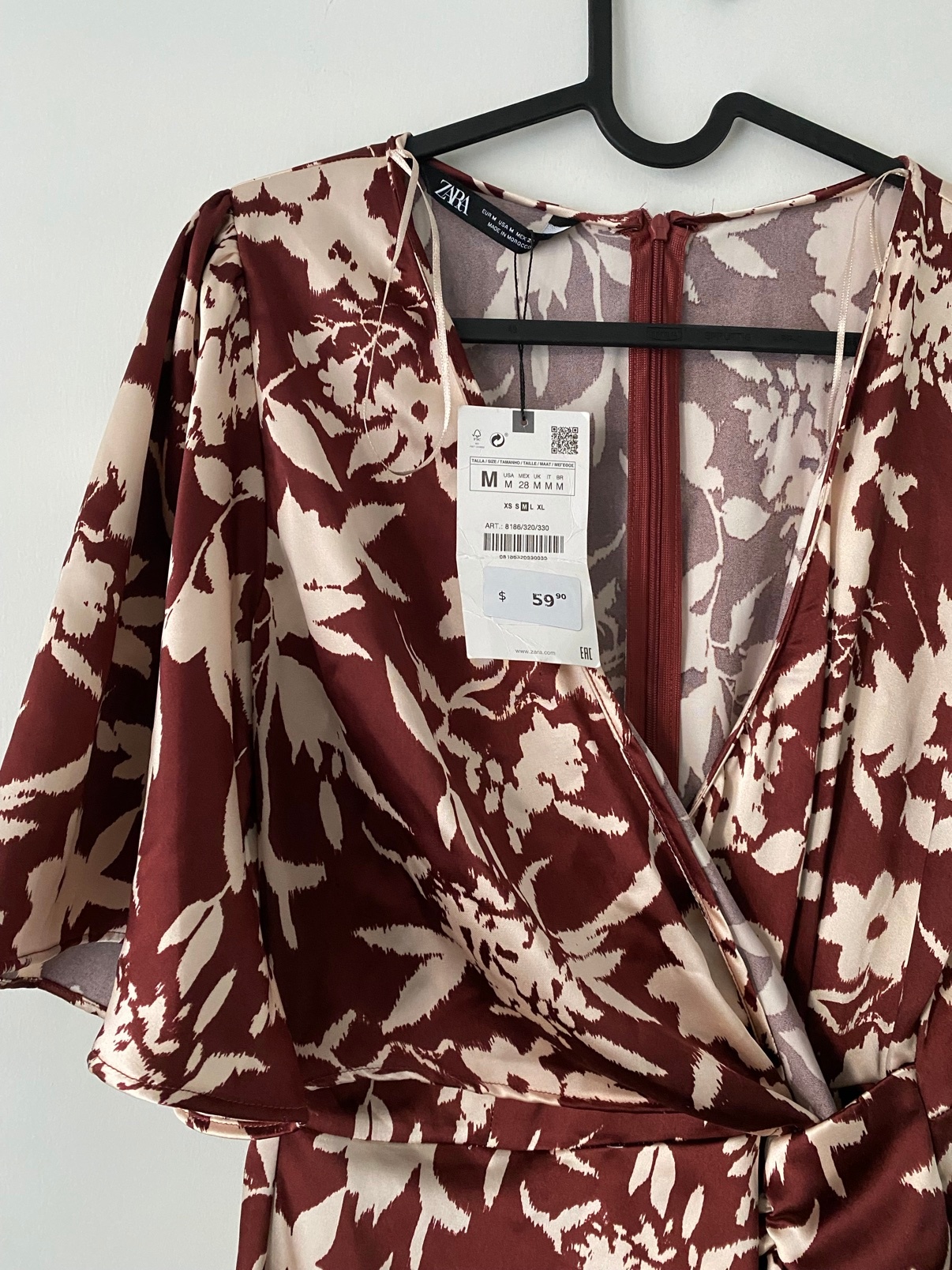 Zara Burgundy Floral Wrap Mini Dress, Size M — NEW WITH TAGS