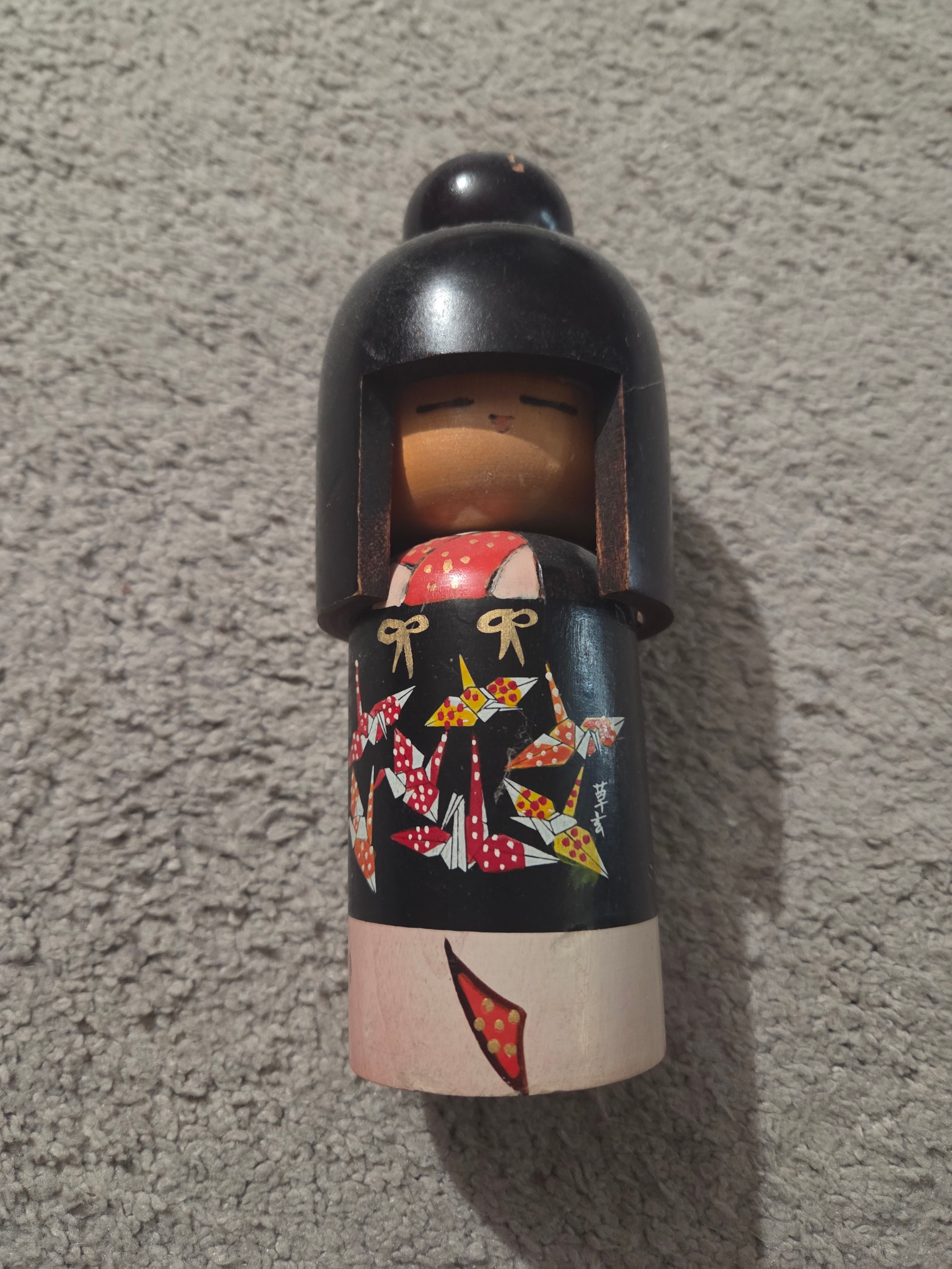 Signed VTG Japanese Sosaku Kokeshi Doll 7", Hand Painted Cranes