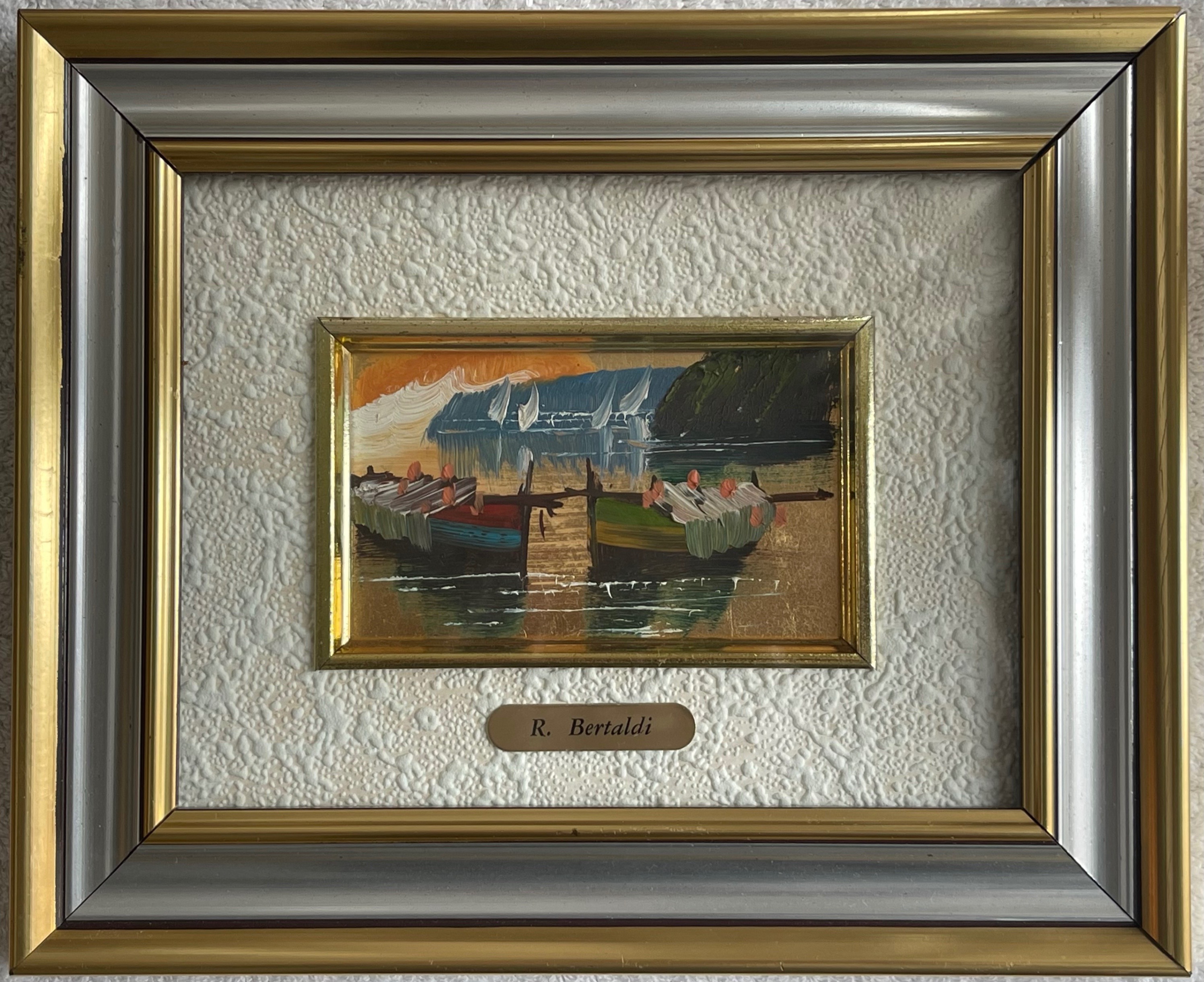 Vintage Italian Foil Oil Painting - R. Bertaldi Harbour Scene