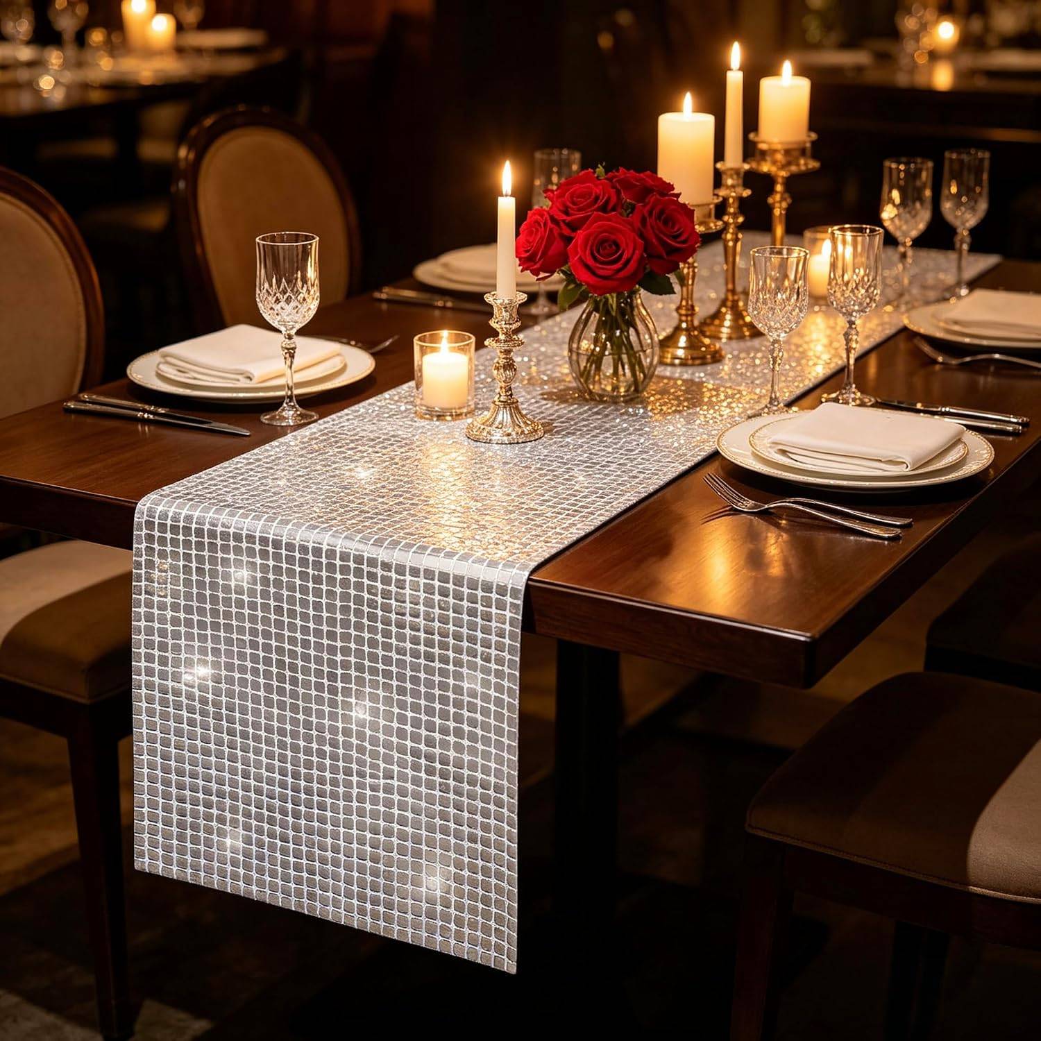 Brand New Silver Mirror Sequin Table Runners - 2 Piece Set