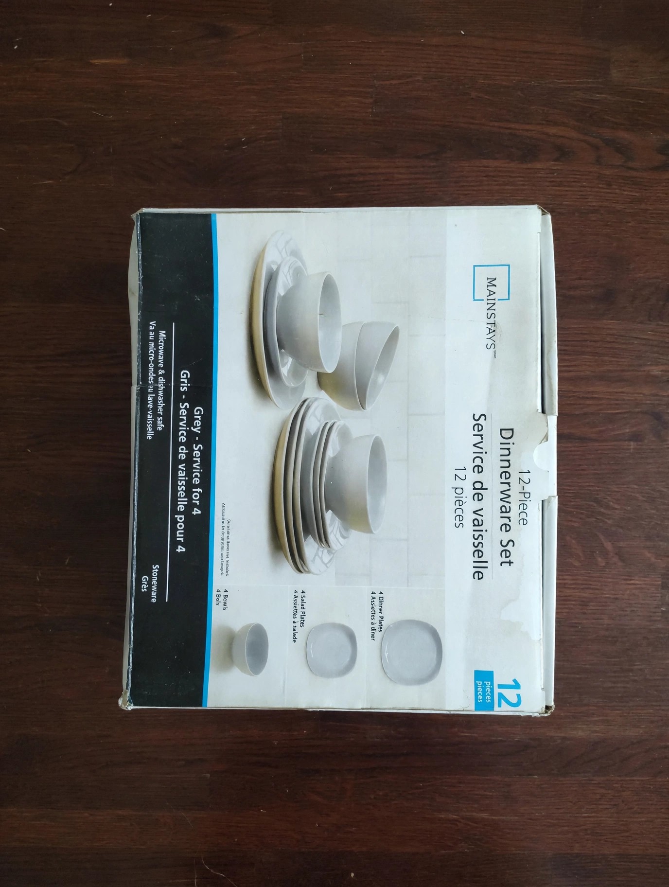 Mainstays 12-Piece Dinnerware Set (Grey) — Brand New, Unopened